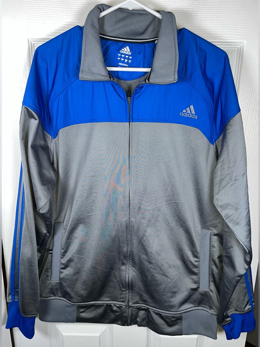 Adidas Tricot Jacket Men’s Size Large Grey Blue Full Zip 3-Stripe Track y2K